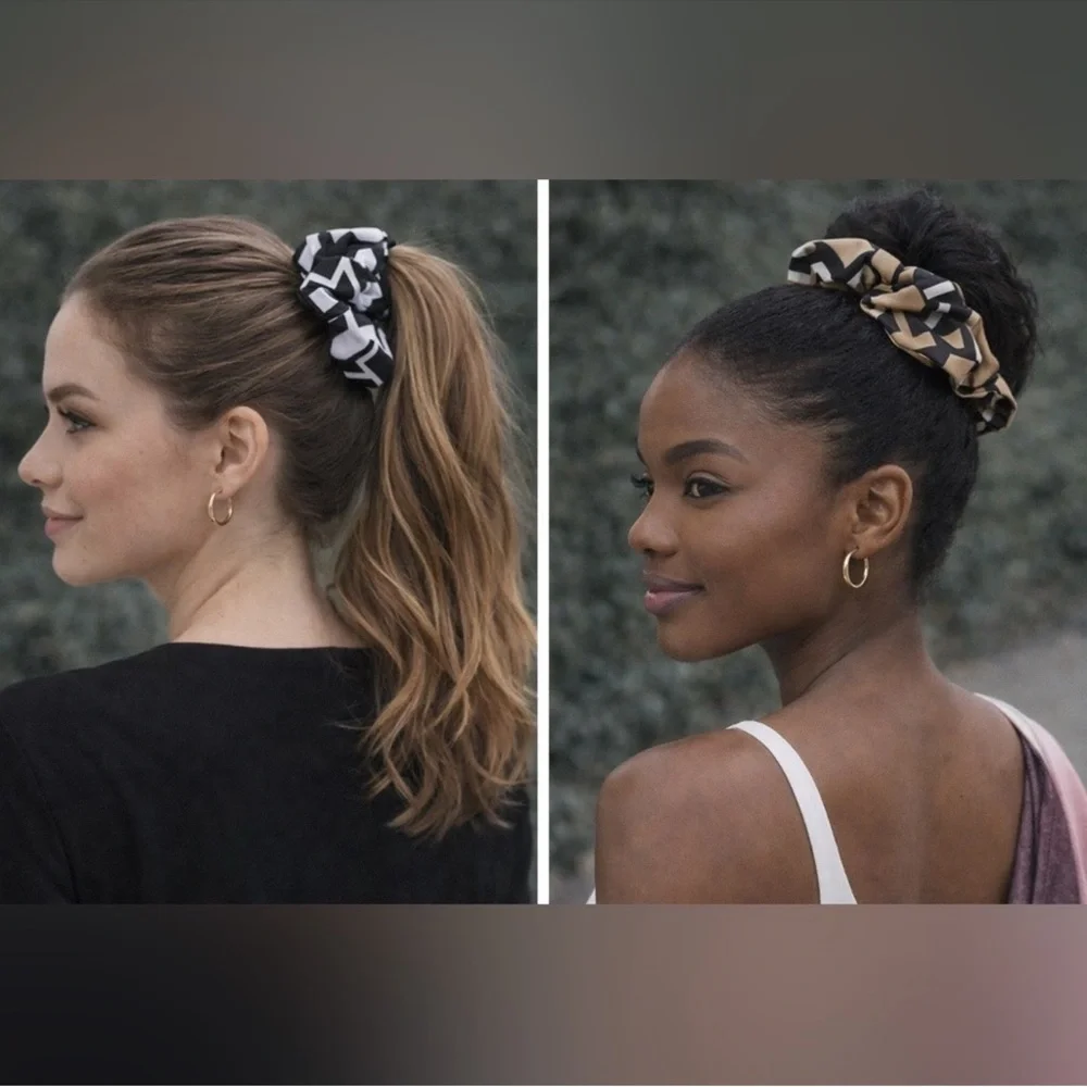 Geometric Print Scrunchie Bundle Black White & Tan Neutral Hair Tie Set of 2